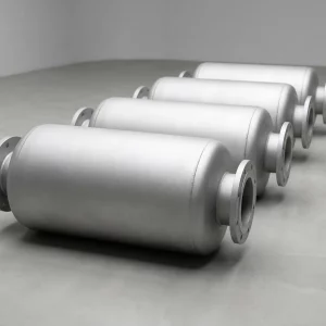Serie de silenciadores acústicos cilíndricos compactos con bridas, preparados para montaje en línea.