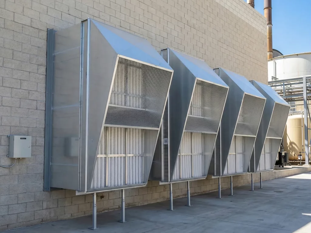 Pantallas acústicas tipo lamas instaladas en fachada para reducir ruido y permitir ventilación en planta industrial mediante silenciadores rectangulares